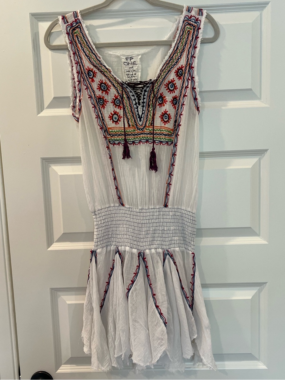 Free People FP One Fez Embroidered Gauze Mini Dress White Boho Tassel Small - Picture 2 of 11